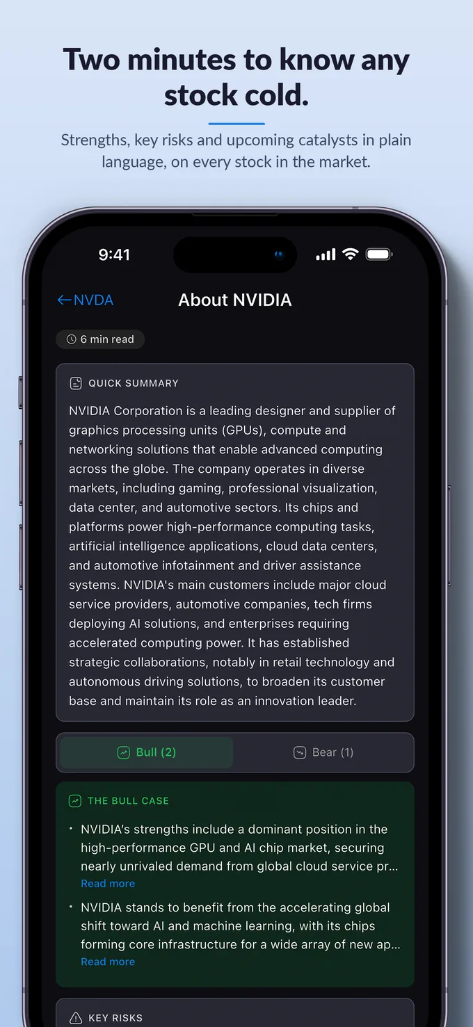 Two minutes to know any stock cold. The AI research summary for NVIDIA with bull and bear cases.