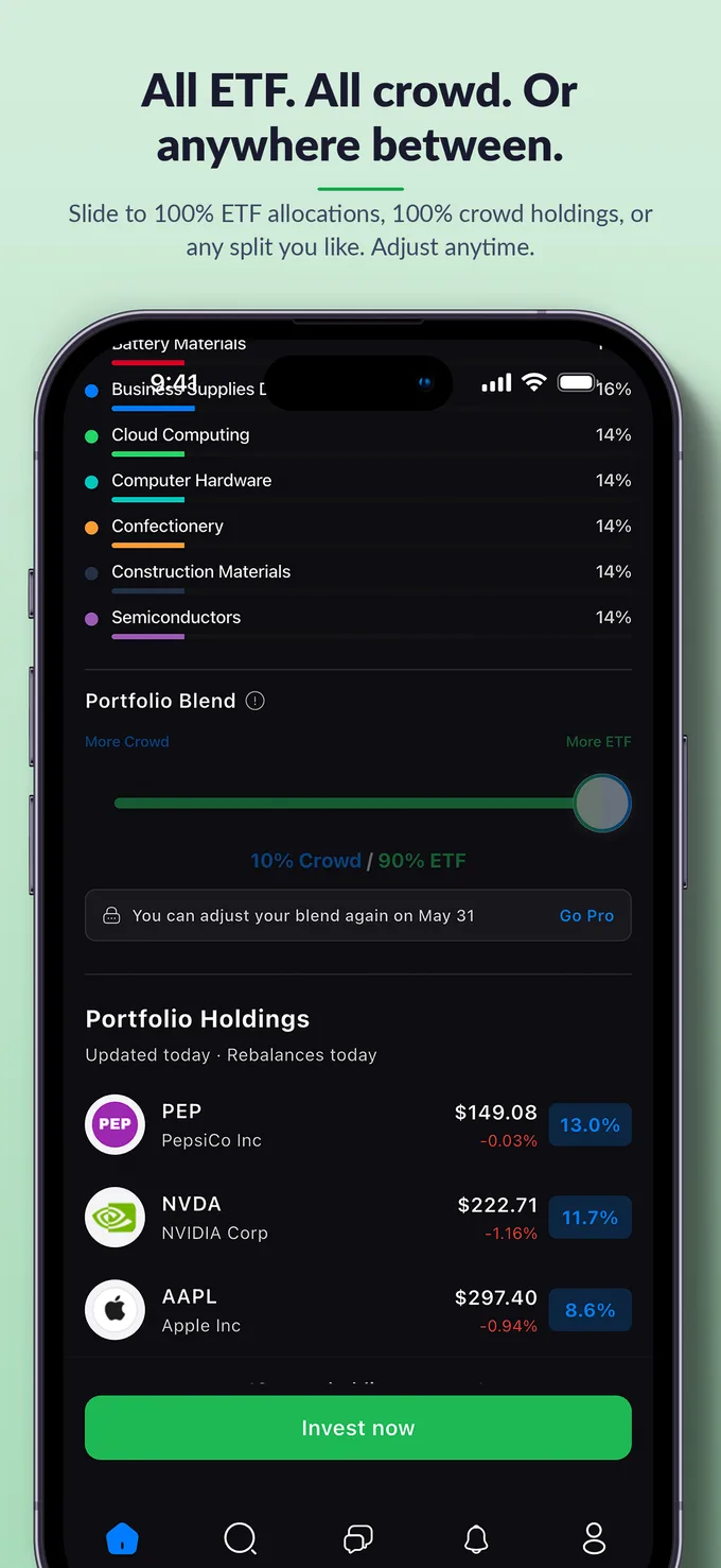 All ETF. All crowd. Or anywhere between. The portfolio blend slider at 10 percent crowd and 90 percent ETF.