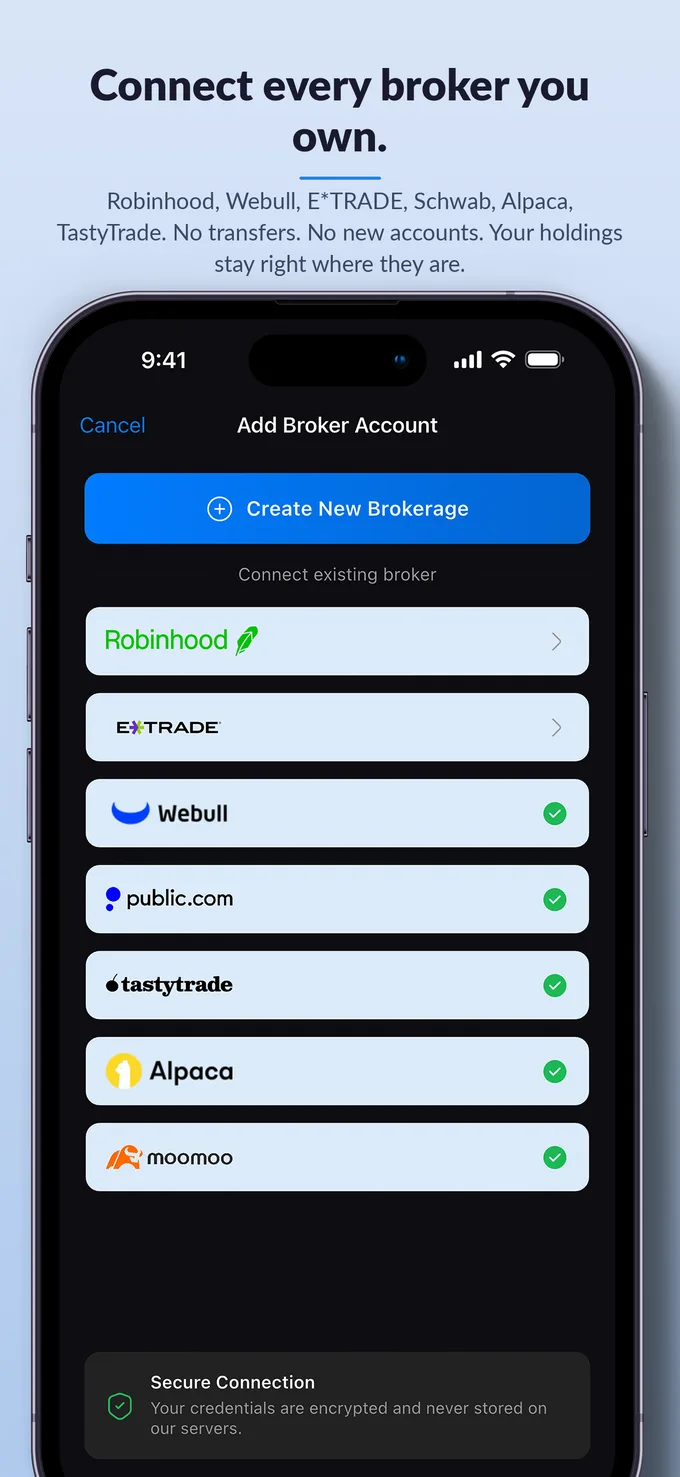 Connect every broker you own. The add broker account screen.