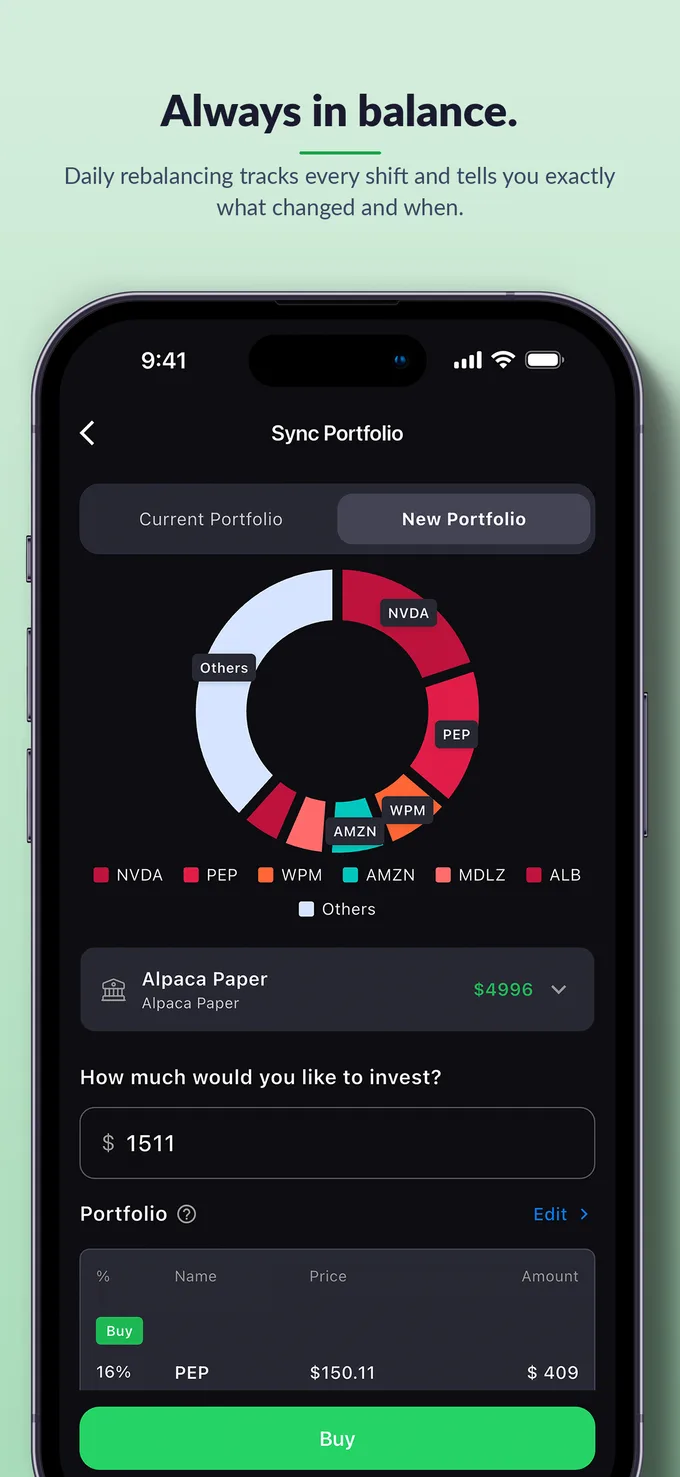 Always in balance. The sync portfolio screen with an allocation chart.