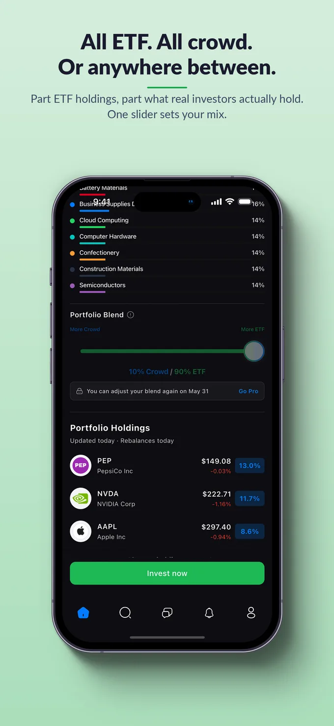 All ETF. All crowd. Or anywhere between. The portfolio blend slider at 10 percent crowd and 90 percent ETF.