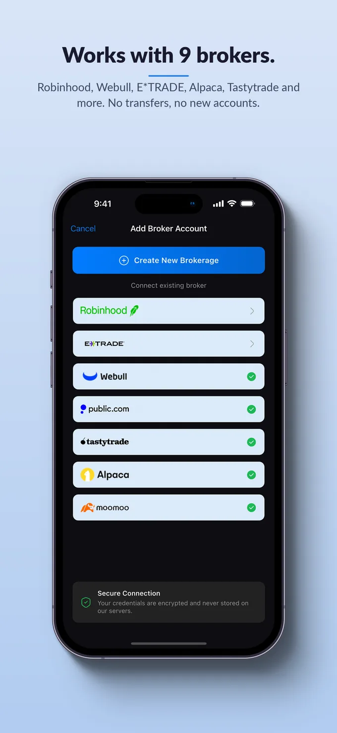 Works with 9 brokers. The add broker account screen.