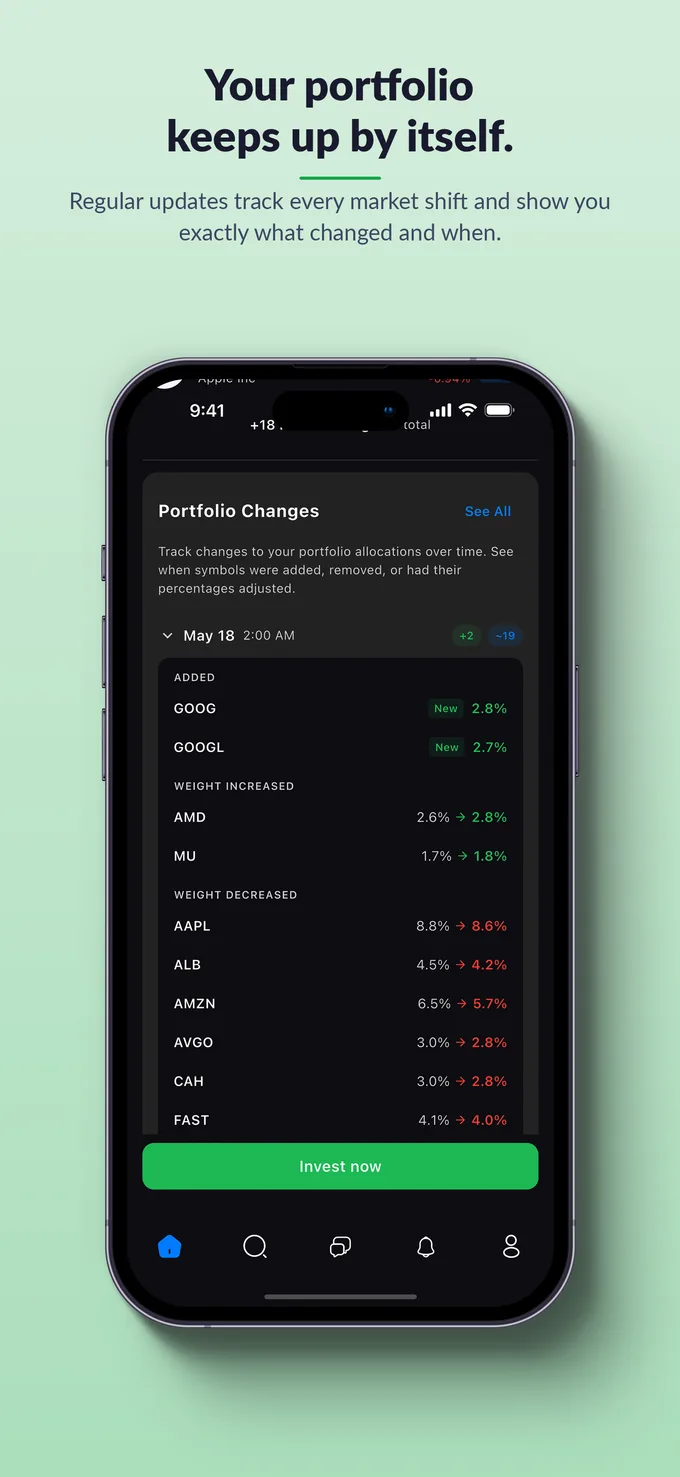 Always in balance. The sync portfolio screen with an allocation chart of crowd and ETF sourced companies.